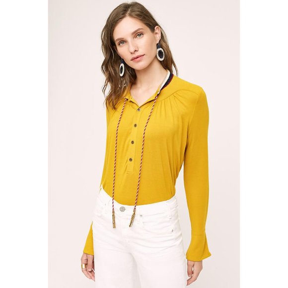 Anthropologie Akemi + Kin Soft Knit Jersey Goldie Blouse Yellow Button Up - Picture 12 of 12